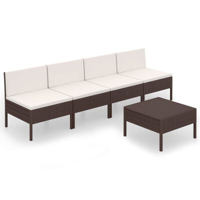 vidaXL 5 pcs conjunto lounge jardim c/ almofadões vime PE castanho