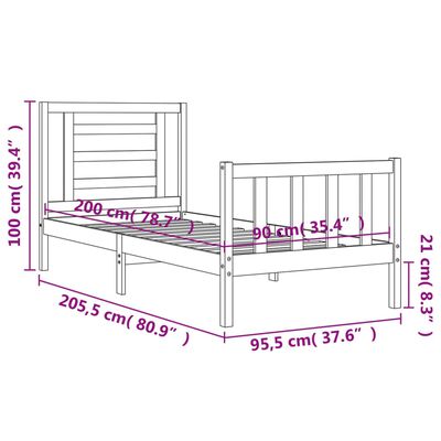 vidaXL Estrutura de cama com cabeceira 90x200 cm madeira maciça