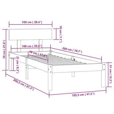 vidaXL Estrutura de cama 100x200 cm madeira pinho maciço branco