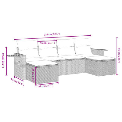 vidaXL 6 pcs conjunto de sofás jardim c/ almofadões vime PE castanho