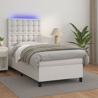 vidaXL Cama box spring c/ colchão/LED 90x200cm couro artificial branco