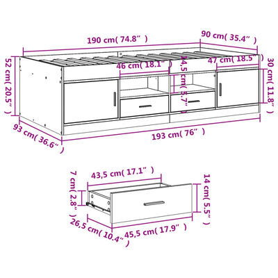 vidaXL Sofá-cama com gavetas sem colchão 90x190 cm cinzento sonoma