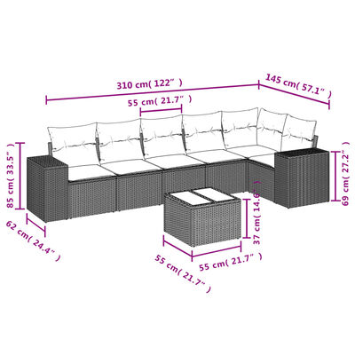 vidaXL 7 pcs conjunto de sofás p/ jardim com almofadões vime PE bege