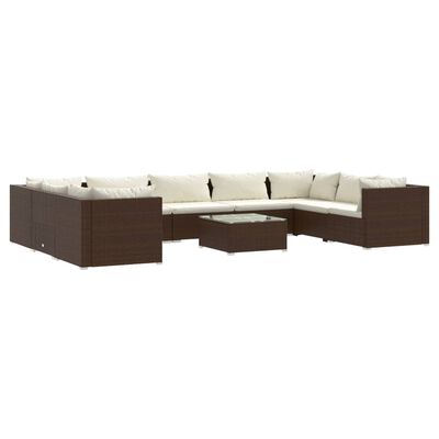 vidaXL 10 pcs conjunto lounge jardim c/ almofadões vime PE castanho