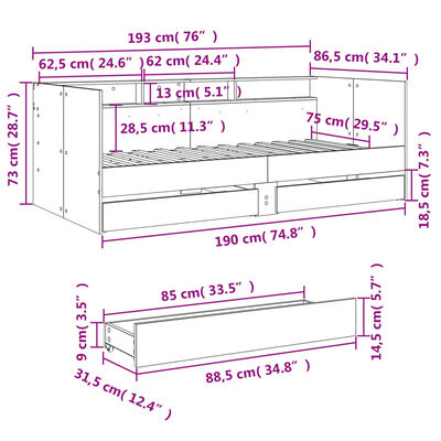 vidaXL Sofá-cama com gavetas sem colchão 75x190 cm carvalho sonoma