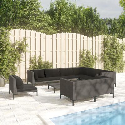 vidaXL 10 pcs conj. lounge jardim c/ almofadões vime PE cinza-escuro