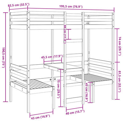 vidaXL Cama alta com secretária e cadeiras 75x190 cm pinho maciço