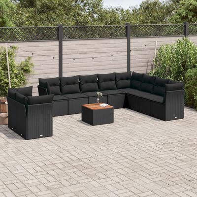 vidaXL 11 pcs conjunto sofás de jardim c/ almofadões vime PE preto