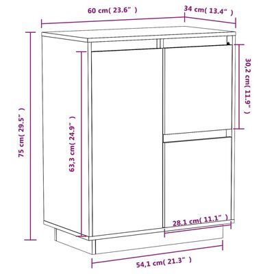 vidaXL Aparador 60x34x75 cm madeira de pinho maciça branco