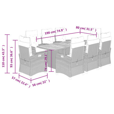 vidaXL 9 pcs conj. jantar jardim c/ almofadões vime PE bege misturado