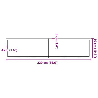 vidaXL Bancada p/ casa de banho 220x50x(2-6)madeira maciça não tratada