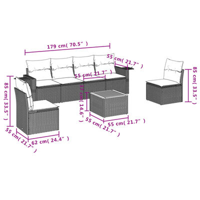 vidaXL 7 pcs conjunto de sofás p/ jardim com almofadões vime PE bege