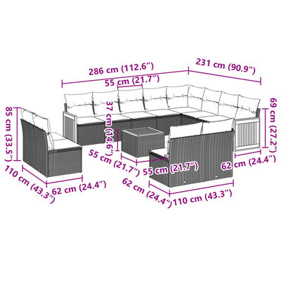 vidaXL 13 pcs conjunto de sofás de jardim com almofadões vime PE preto