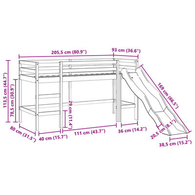 vidaXL Cama alta para criança com túnel 80x200 cm pinho maciço azul