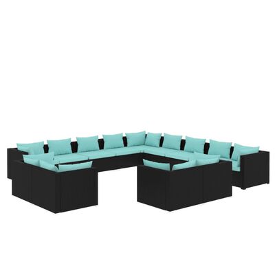 vidaXL 13 pcs conjunto lounge de jardim c/ almofadões vime PE preto