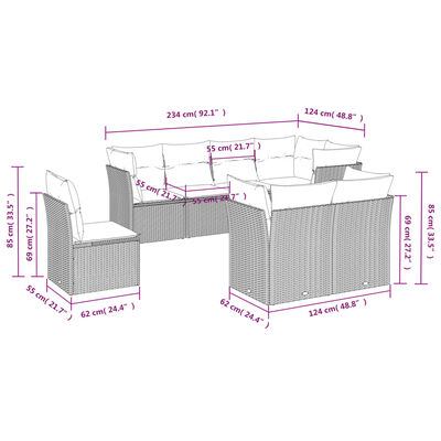 vidaXL 8 pcs conjunto sofás de jardim c/ almofadões vime PE cinzento