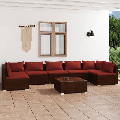 vidaXL 8 pcs conjunto lounge jardim c/ almofadões vime PE castanho