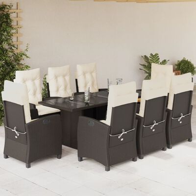 vidaXL 9 pcs conjunto jantar p/ jardim c/ almofadões vime PE castanho