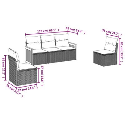 vidaXL 5 pcs conjunto sofás de jardim com almofadões vime PE preto