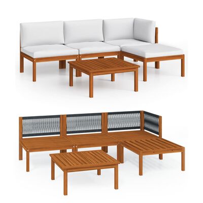 vidaXL 5 pcs conjunto lounge jardim c/ almofadões acácia maciça creme