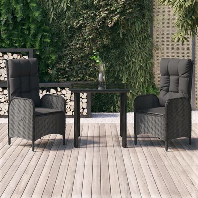 vidaXL 3 pcs conjunto de jantar p/ jardim c/ almofadões vime PE preto