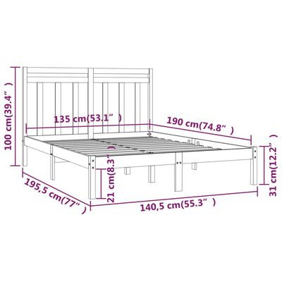 vidaXL Estrutura de cama casal 135x190 cm madeira maciça preto