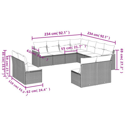 vidaXL 11 pcs conjunto sofás de jardim c/ almofadões vime PE bege