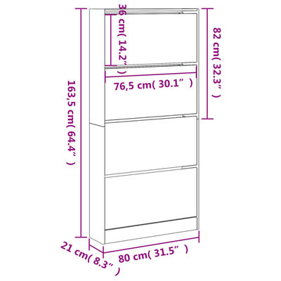 vidaXL Sapateira com 4 gavetas articuladas 80x21x163,5 cm branco