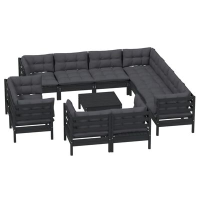 vidaXL 12 pcs conjunto lounge jardim c/ almofadões pinho maciço preto