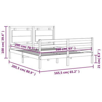 vidaXL Estrutura de cama com cabeceira 160x200 cm madeira maciça