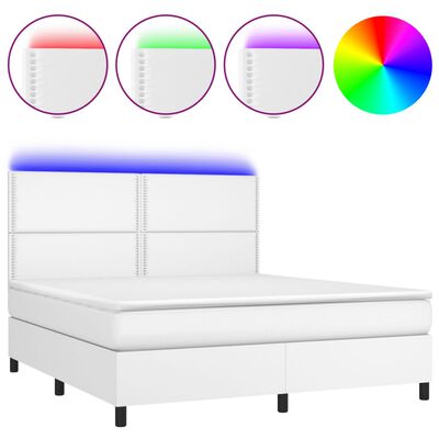 vidaXL Cama box spring c/colchão/LED 180x200cm couro artificial branco