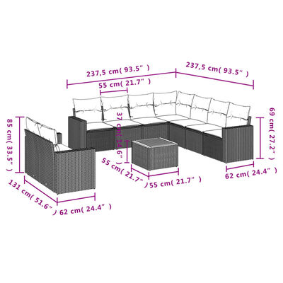 vidaXL 10 pcs conjunto sofás de jardim c/ almofadões vime PE preto