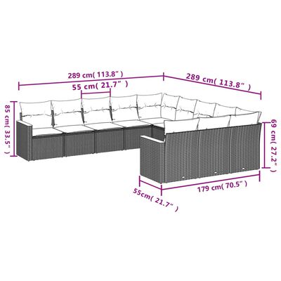 vidaXL 11 pcs conjunto sofás de jardim c/ almofadões vime PE preto