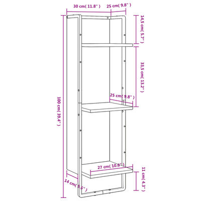 vidaXL Unidade 3 prateleiras parede 30x25x100 cm deriv. madeira preto