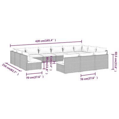 vidaXL 13 pcs conjunto lounge de jardim c/ almofadões vime PE castanho