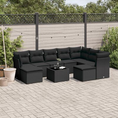 vidaXL 10 pcs conjunto sofás de jardim c/ almofadões vime PE preto