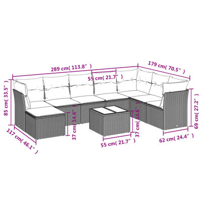 vidaXL 9 pcs conjunto de sofás p/ jardim com almofadões vime PE bege