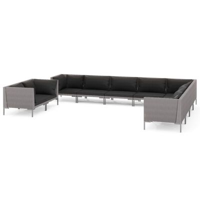 vidaXL 10 pcs conj. lounge jardim c/ almofadões vime PE cinza-escuro