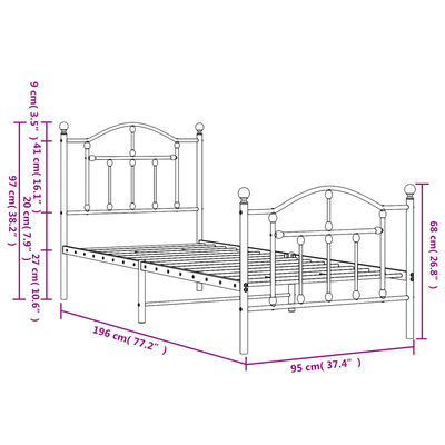 vidaXL Estrutura de cama com cabeceira e pés 90x190 cm metal preto