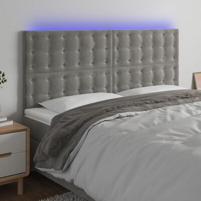 vidaXL Cabeceira cama c/ luzes LED veludo 200x5x118/128cm cinza-claro