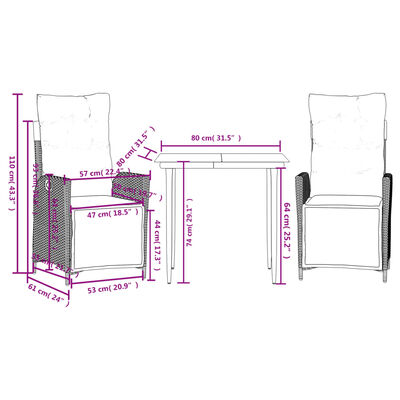 vidaXL 3 pcs conjunto jantar p/ jardim c/ almofadões vime PE castanho