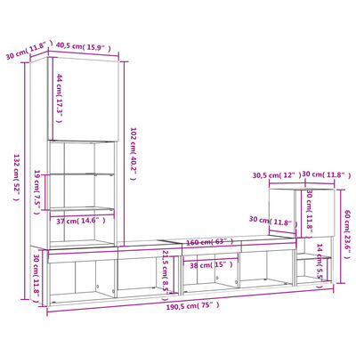 vidaXL 4 pcs móveis parede TV c/ LEDs deriv. madeira carvalho castanho