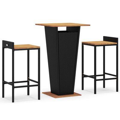 vidaXL 3 pcs conjunto de bar p/ jardim vime PE/acácia maciça preto