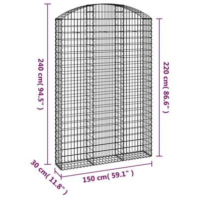 vidaXL Cesto gabião arqueado 150x30x220/240 cm ferro galvanizado