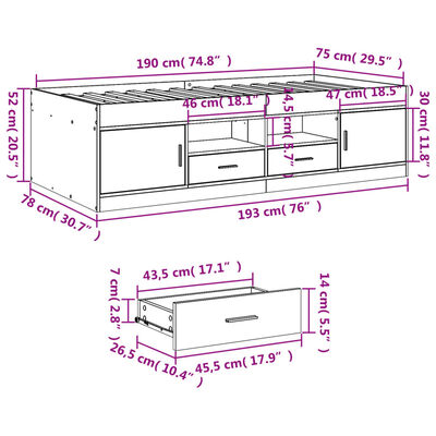 vidaXL Sofá-cama com gavetas sem colchão 75x190 cm cinzento sonoma