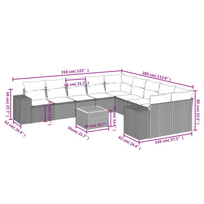 vidaXL 11 pcs conjunto sofás de jardim c/ almofadões vime PE bege