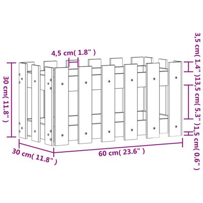 vidaXL Vaso de jardim c/ design cerca 60x30x30 cm pinho maciço branco