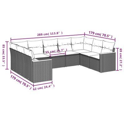 vidaXL 9 pcs conj. sofás jardim c/ almofadões vime PE bege misturado