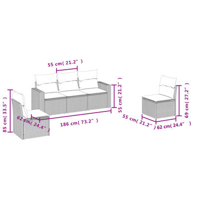 vidaXL 5 pcs conjunto sofás de jardim com almofadões vime PE preto