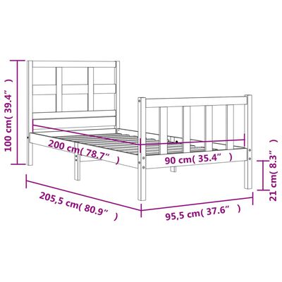 vidaXL Estrutura de cama com cabeceira 90x200 cm madeira maciça preto